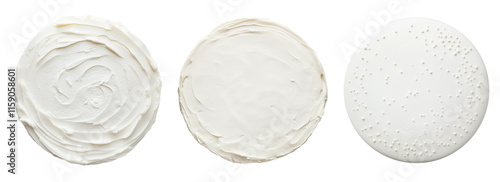 Set of isolated mockup of three white plain cake with copy space for decorations at the center on a transparent background, top view.