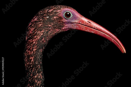 A close-up of an ibis with its long, curved beak, showing intricate details of its feathers and striking red face