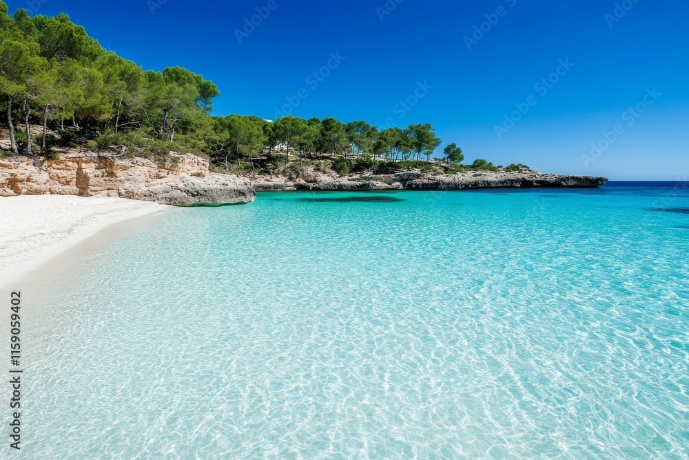 Fototapeta premium A close-up of crystal-clear water gently lapping against smooth pebbles on an Ibiza beach