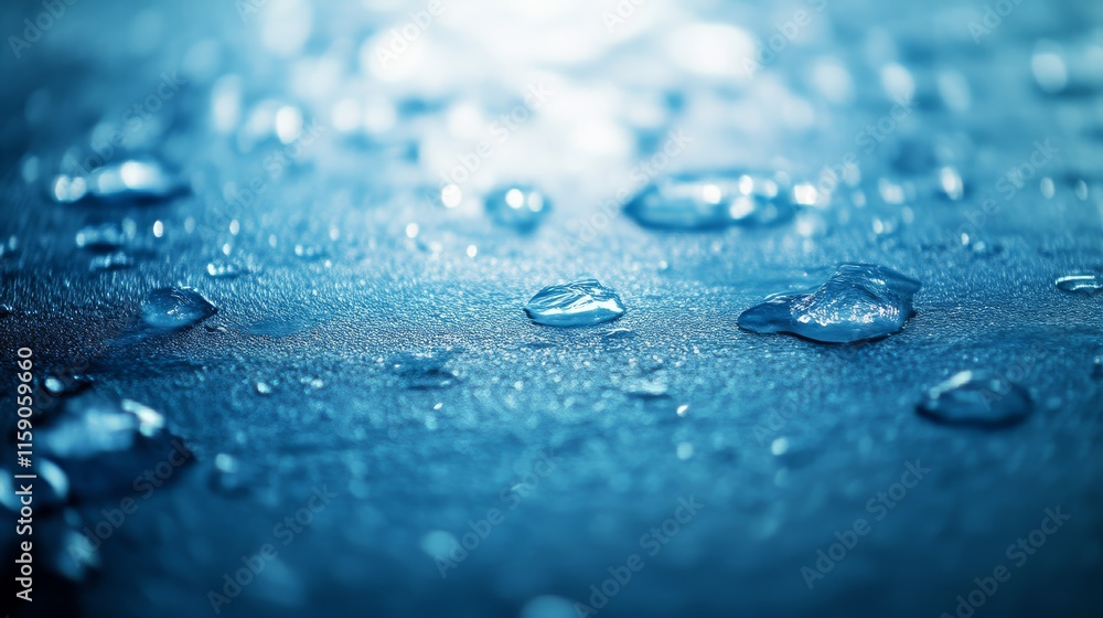 Close-up of droplets on a blue surface, highlighting textures and reflections, creating a serene and refreshing atmosphere. Close-up of droplets on a blue surface, highlighting textures and reflections, creating a serene and refreshing atmosphere.