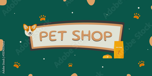 Banner template for pet store. Bright background for pet products, with a cute corgi dog face, a pack of food and a bowl of dog food. 
EPS 10 vector suitable for advertising and promotion.