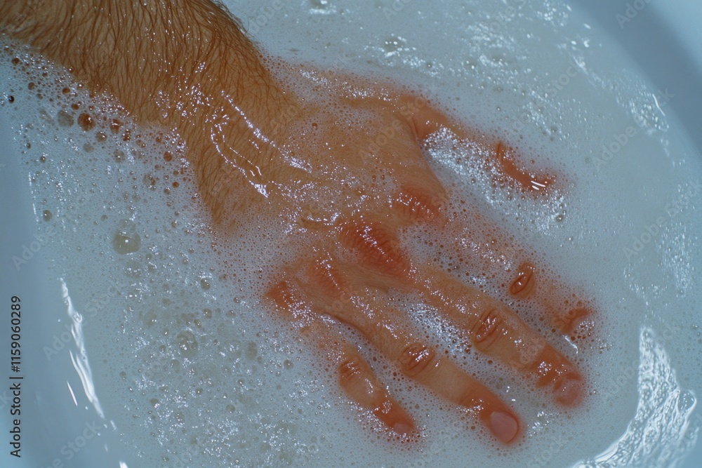 Fototapeta premium A close-up of hands being thoroughly washed under running water with soap suds forming, symbolizing personal hygiene