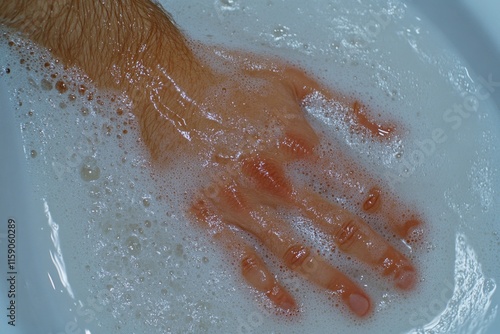 A close-up of hands being thoroughly washed under running water with soap suds forming, symbolizing personal hygiene photo