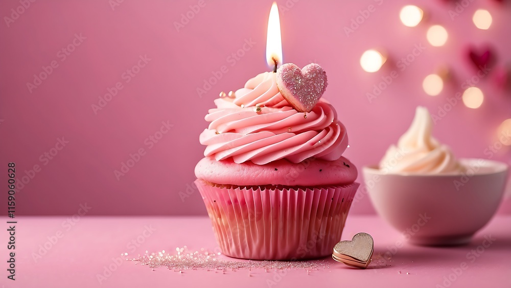 Against a gentle pink backdrop, a pink cupcake adorned with a heart and a glittering candle Against a gentle pink backdrop, a pink cupcake adorned with a heart and a glittering candle