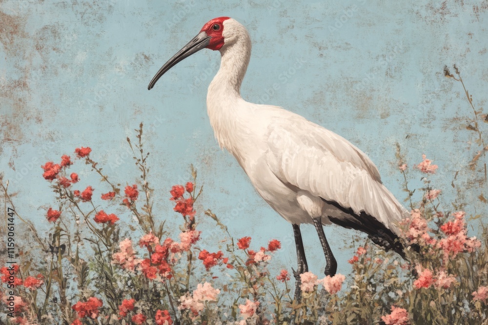 Fototapeta premium A colorful 2D illustration of an ibis in a wetland, surrounded by reeds and flowers drawn in soft tones