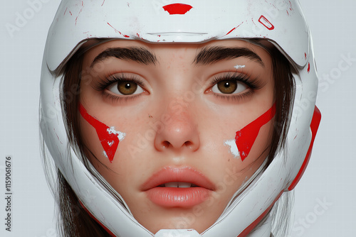 Close-up of a woman wearing a futuristic helmet with red markings photo