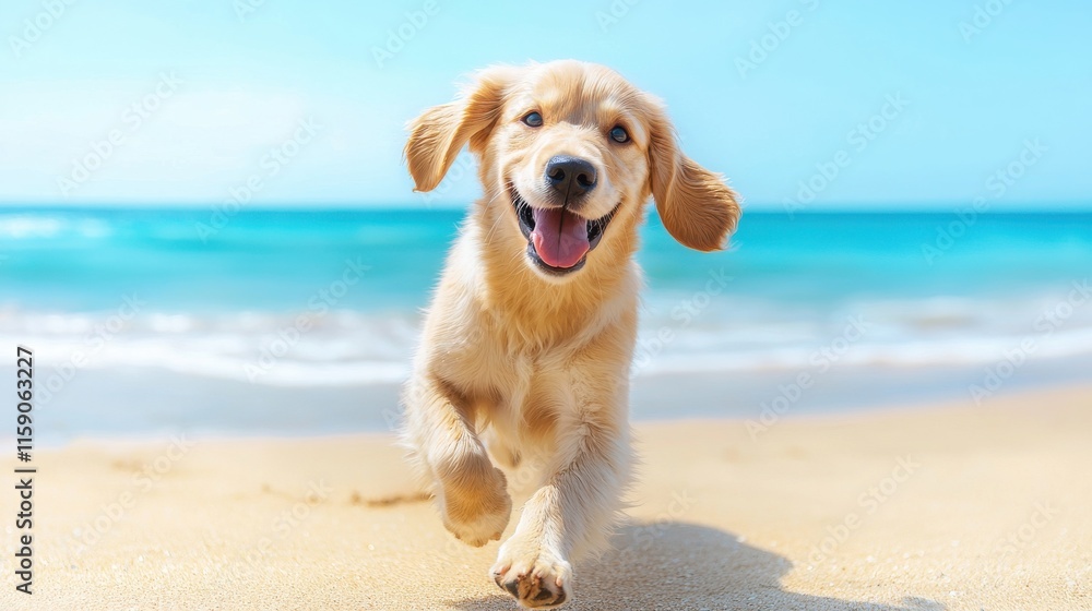 A happy golden retriever runs joyfully on the beach, with waves in the background and bright blue skies, embodying the spirit of fun and freedom. A happy golden retriever runs joyfully on the beach, with waves in the background and bright blue skies, embodying the spirit of fun and freedom.
