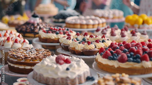 Community bake-off excitement: A display of beautifully decorated cakes and pies, with participants proudly presenting their creations in a spirited competition.