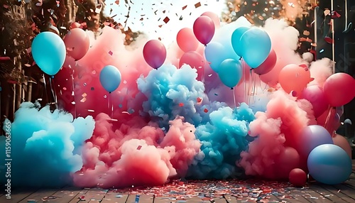 Fotografie Pastel blue and red smoke clouds for gender reveal party with balloons and confe