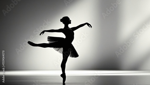 A  ballet dancer’s poised silhouette embodies elegance and discipline, gracefully captured against a minimalist backdrop in captivating shadows.