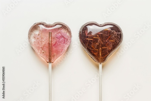 Valentine's Day, sweet background. Two heart-shaped lollipops on white background. Top view, flat lay, minimal background for Valentine's Day. Valentine's Day card. banner. MZ photo