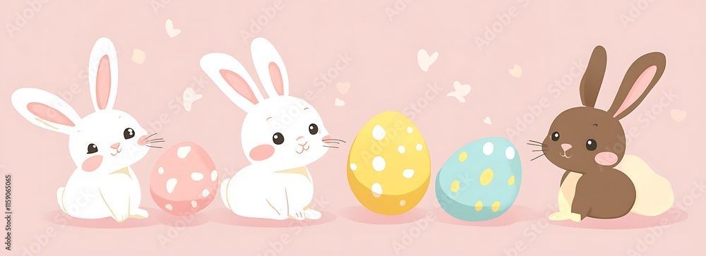 Cute Easter bunnies with eggs, in pastel colors blue background, vector illustration Cute Easter bunnies with eggs, in pastel colors blue background, vector illustration