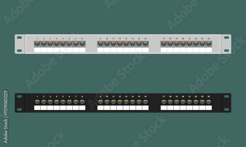 Set of 24 Ethernet ports patch panels for a 19-inch server rack or cabinet. Vector illustration in flat style