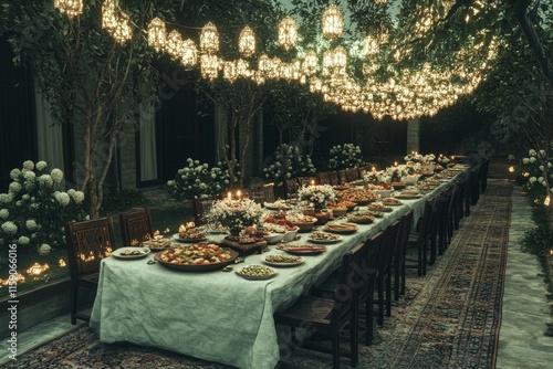 A futuristic depiction of an iftar table with holographic food items and glowing lanterns, blending tradition with modern technology photo