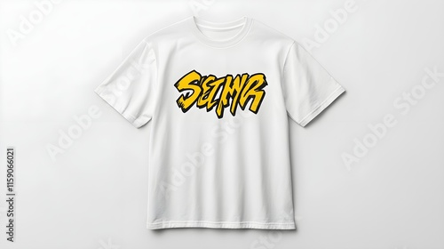 Stylish White T-Shirt with Bold Yellow Graphic Text Design