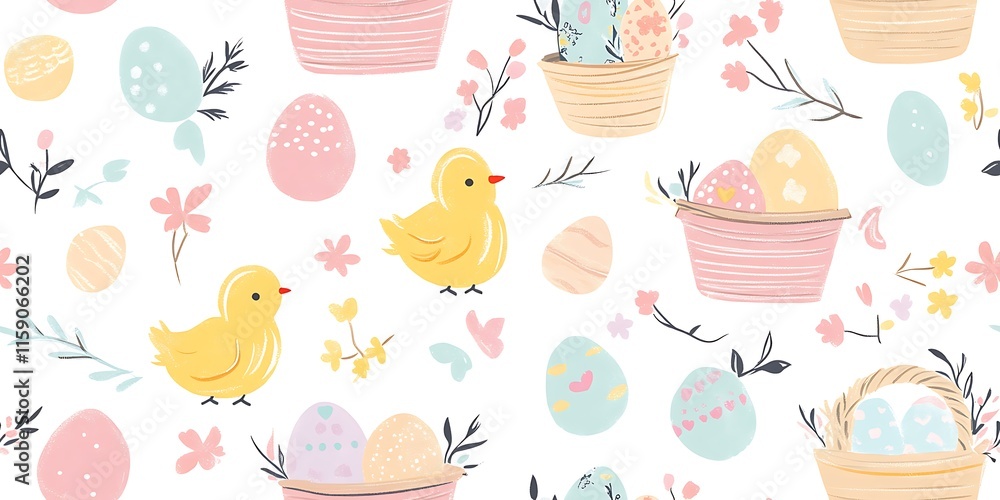 Cute pastel Easter seamless pattern with Easter baskets, eggs, and chicks Cute pastel Easter seamless pattern with Easter baskets, eggs, and chicks
