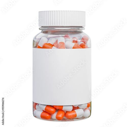Medicine bottle with blank label. Realistic pills in transparent bottle. Pharmacy remedies 3D rendering.