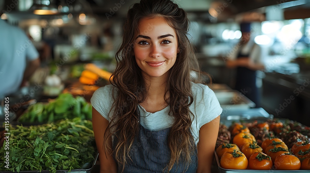 Young Woman Smiles Amidst Fresh Produce In Kitchen Young Woman Smiles Amidst Fresh Produce In Kitchen