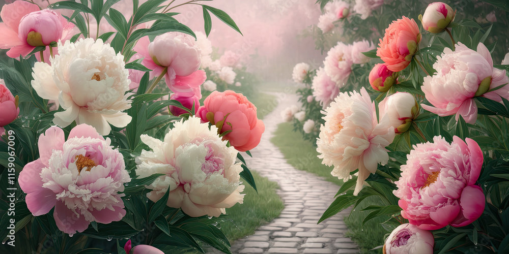 Blooming Pink White Peonies Garden Path Spring Flowers Blooming Pink White Peonies Garden Path Spring Flowers