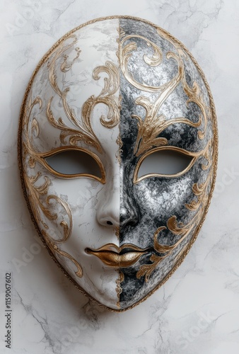 Elegant Decorative Mask with Gold Patterns on a Marble Background, Half White and Half Black Design, Artistic Expression of Duality and Intrigue in Venetian Style photo