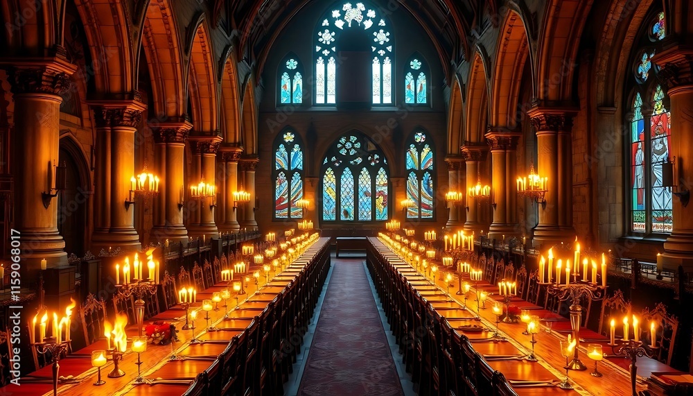 Long candlelit table in a grand gothic hall Long candlelit table in a grand gothic hall
