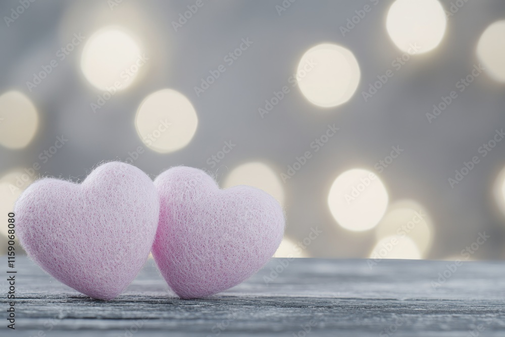 Fototapeta premium Two Pink Hearts on Wooden Surface with Soft Background
