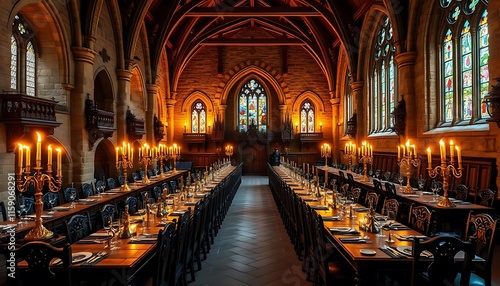 Candlelit Hallway With Long Tables Set For A Formal Dinner