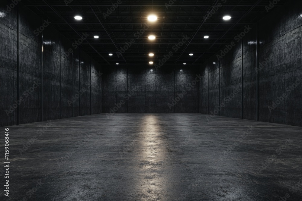 A glowing lightbulb in the center of a dark warehouse, casting dramatic shadows across the vast empty space