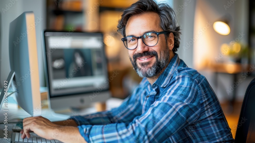 Obraz premium A smiling man with glasses works on a computer, showcasing a casual yet professional environment, with a blurred background.