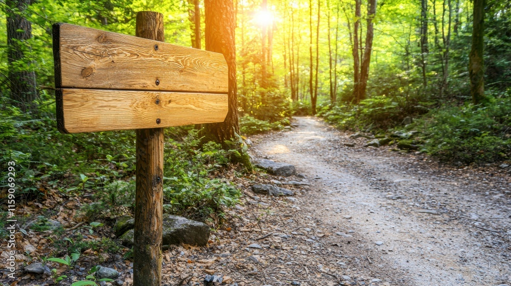 Hiking trail signage forest path nature photography sunny environment close-up view
