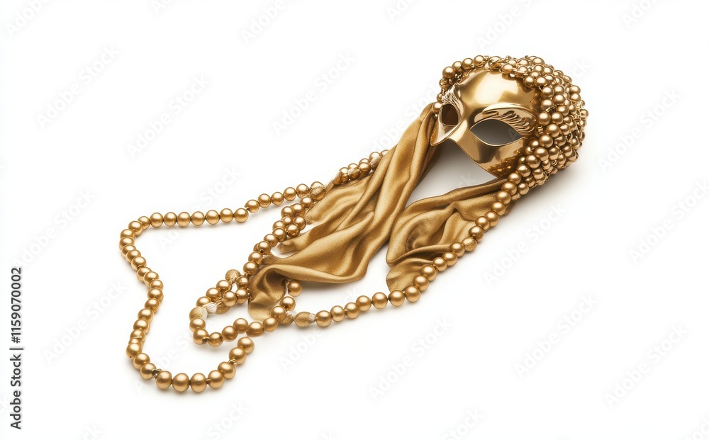 Elegant Golden Mask with Pearls and Satin Drapery Portraying Luxury and Intrigue in a Fashionable Art Installation for Visual Inspiration Elegant Golden Mask with Pearls and Satin Drapery Portraying Luxury and Intrigue in a Fashionable Art Installation for Visual Inspiration