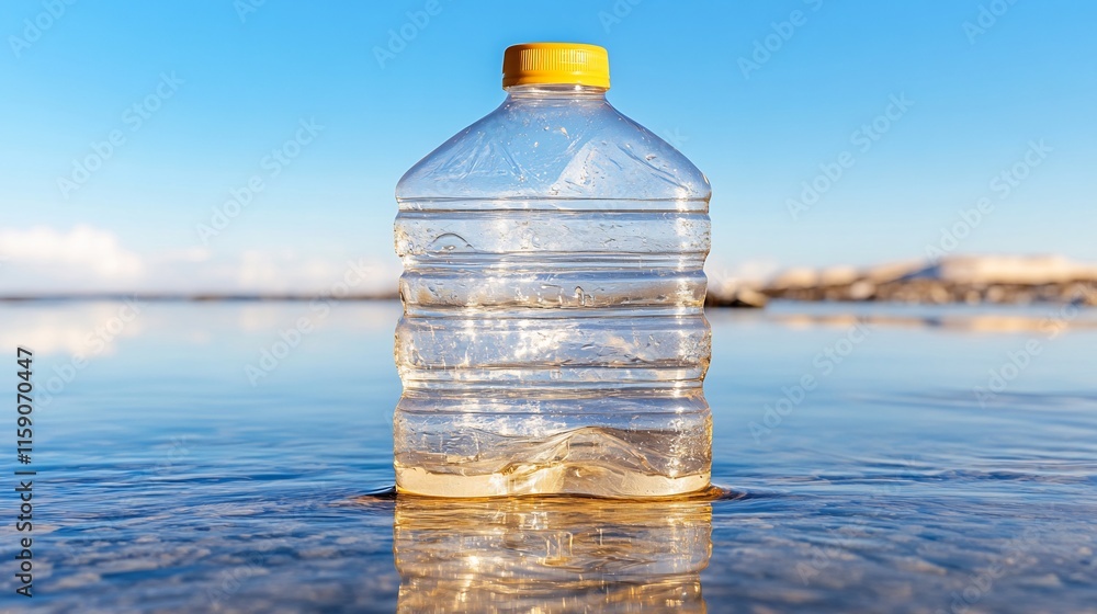 Obraz premium Close-up Photo: Empty Plastic Bottle Sadly Reflecting on Calm Coastal Waters. AI Generated