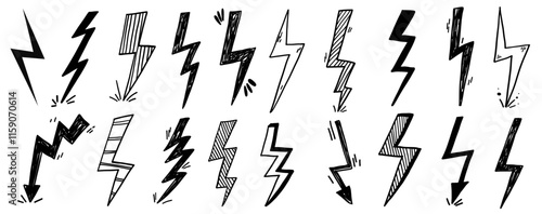 Hand drawn doodle electric thunderbolt lighting stroke set. Electricity shock weather drawing illustration