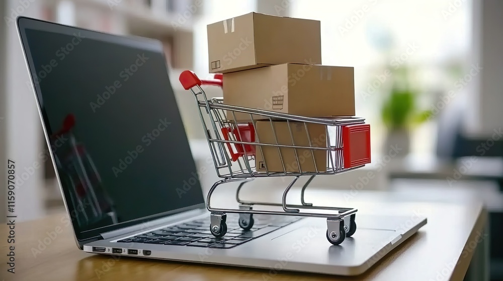 Ecommerce Concept Displaying Shopping Cart with Packages on Laptop Ecommerce Concept Displaying Shopping Cart with Packages on Laptop
