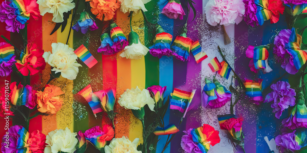 Fototapeta premium Rainbow Pride LGBTQ Carnations Flags Festive Background