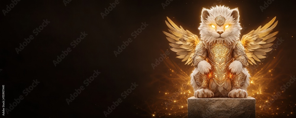 Obraz premium A winged creature resembling a cat, adorned with glowing elements, sits majestically on a pedestal against a dark background.