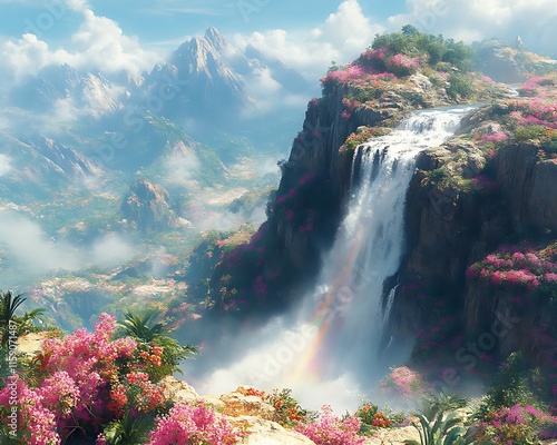 Majestic waterfall cascading down a vibrant, flower-filled mountainside.