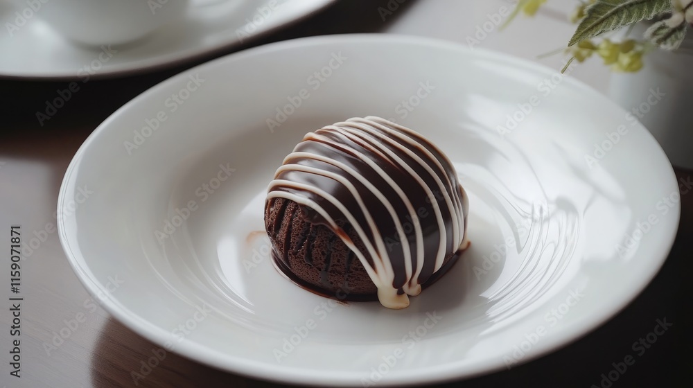 A rich chocolate treat sits elegantly on a white plate, adorned with a fine drizzle of white icing, capturing afternoon warmth in a cozy cafe A rich chocolate treat sits elegantly on a white plate, adorned with a fine drizzle of white icing, capturing afternoon warmth in a cozy cafe