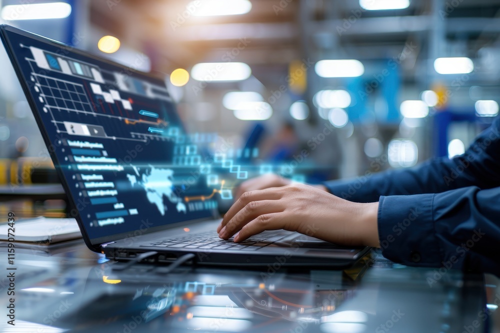 A person is using a laptop in a modern industrial setting, analyzing data with digital graphs and code displayed on the screen. A person is using a laptop in a modern industrial setting, analyzing data with digital graphs and code displayed on the screen.