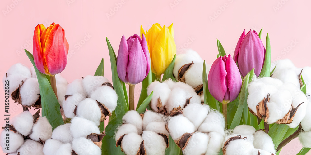 Fototapeta premium Spring Tulips Cotton Blooms Pink Background