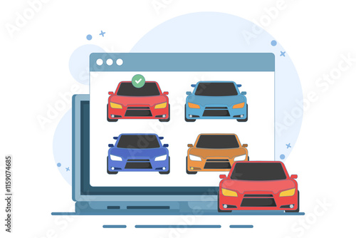 Concept of online car buying website or car rental shop comparison website via internet by choosing car on digital tablet computer, buy and sell web store. Flat vector illustration on background.