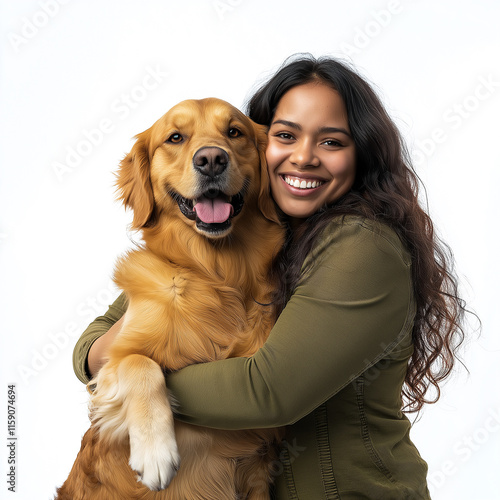 Smiling veterinarian woman hugging golden retriever dog on white background