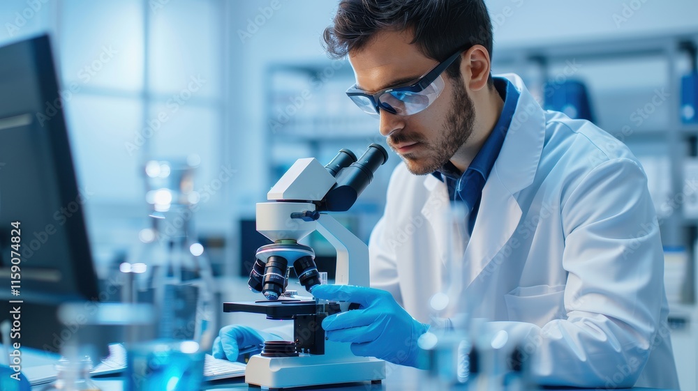 A focused scientist in a lab coat examines samples under a microscope, surrounded by laboratory equipment in a well-lit setting. A focused scientist in a lab coat examines samples under a microscope, surrounded by laboratory equipment in a well-lit setting.