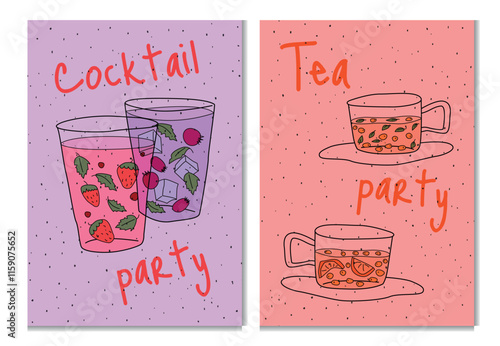 Two colorful posters featuring tea cups with fruit and herbs, and cocktail glasses with ice and berries. Party concept, invitation, menu design. Minimalist flat vector illustration. 