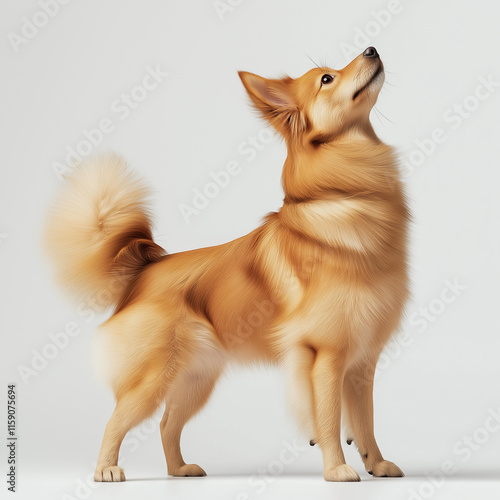 Curious finnish spitz dog looking up on white background