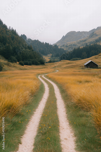 Winding dirt road through golden meadow leading to a mountain range