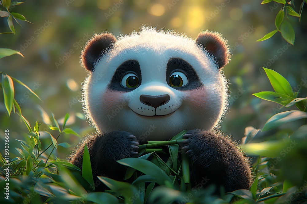 Fototapeta premium Cute Cartoon Panda Cub Enjoying Bamboo in Lush Forest