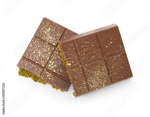 Photography Pieces of tasty Dubai chocolate bar with pistachios and knafeh isolated on white