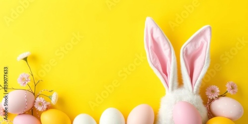 Top view photo of Easter bunny ears, white, pink, blue, and yellow eggs on pastel blue background with copyspace, concept, party, bunny ears