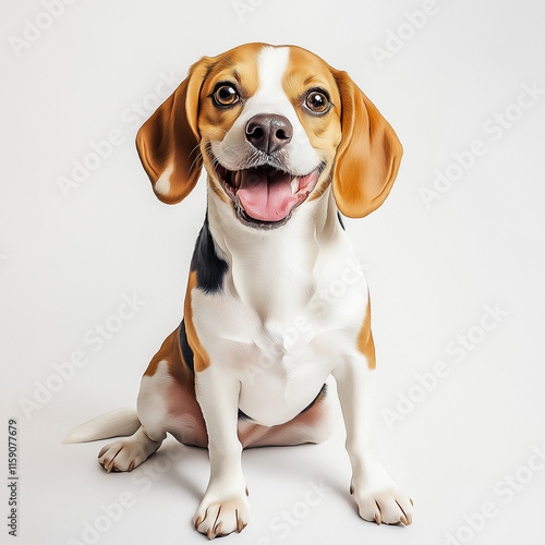 Cute beagle dog sitting and panting on white background